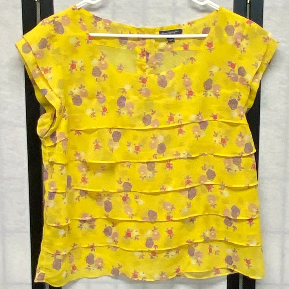 American Eagle Outfitters Sheer Cap Sleeve Tiered Ruffle Back Button Top Yellow